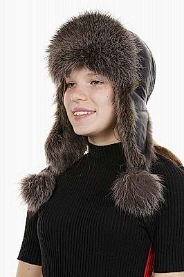 Фото товара Ушанка UWKKME001.004 енот кожа, Серо-коричневый/Синий